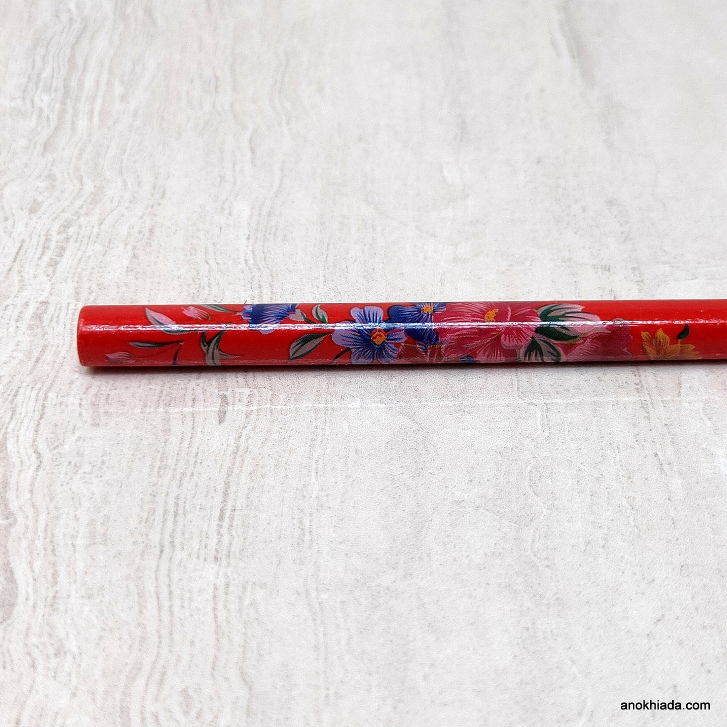 Flower Print Red Wooden Juda Stick/Bun Stick - (99-06F Juda Stick)