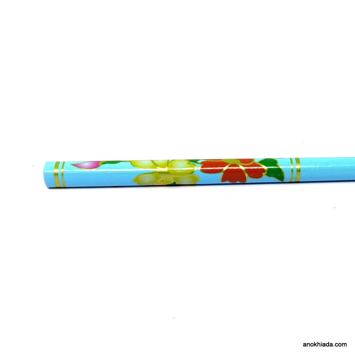 Anokhi Ada Flower Print Turquoise Blue Wooden Juda Stick/Bun Stick - (99-07C Juda Stick)