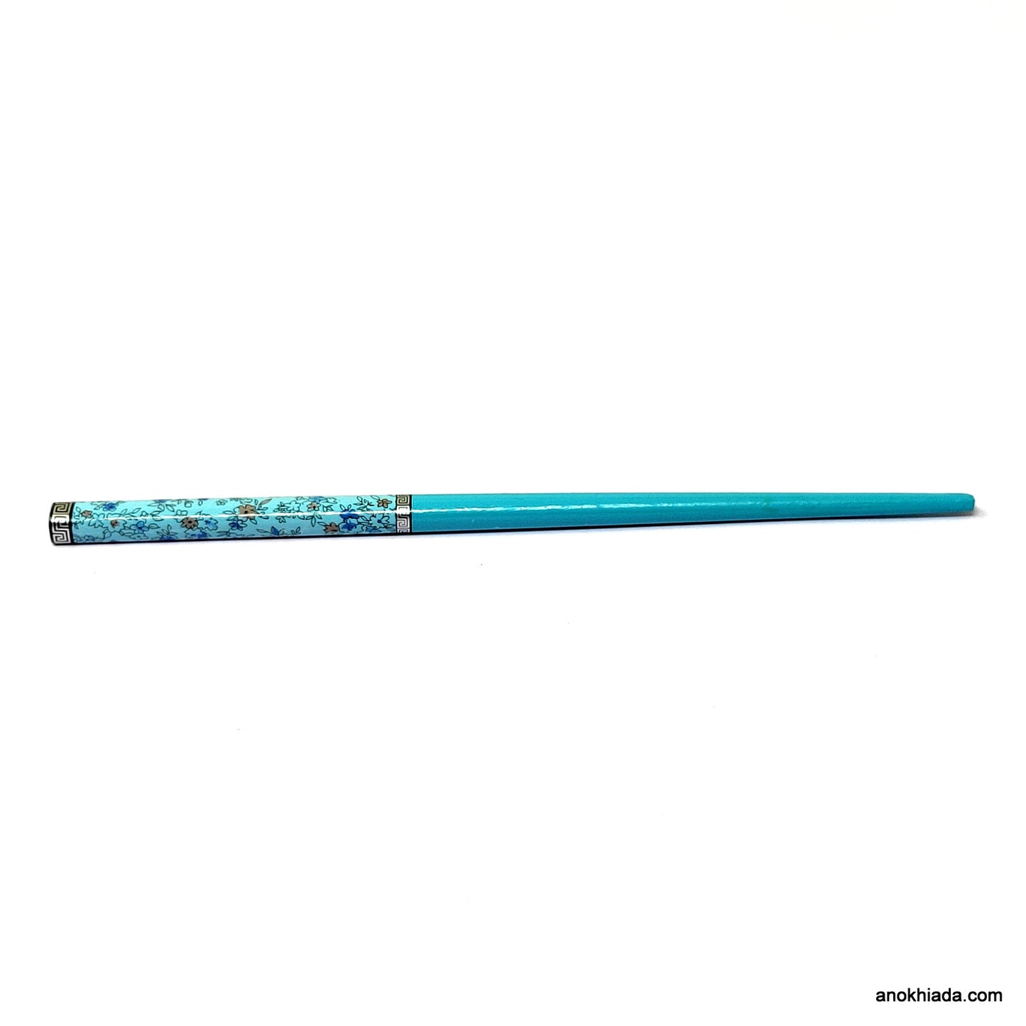 Anokhi Ada Flower Print Turquoise Blue Wooden Juda Stick/Bun Stick - (99-08C Juda Stick)