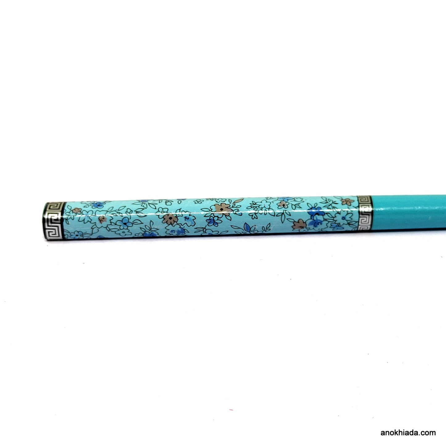 Anokhi Ada Flower Print Turquoise Blue Wooden Juda Stick/Bun Stick - (99-08C Juda Stick)