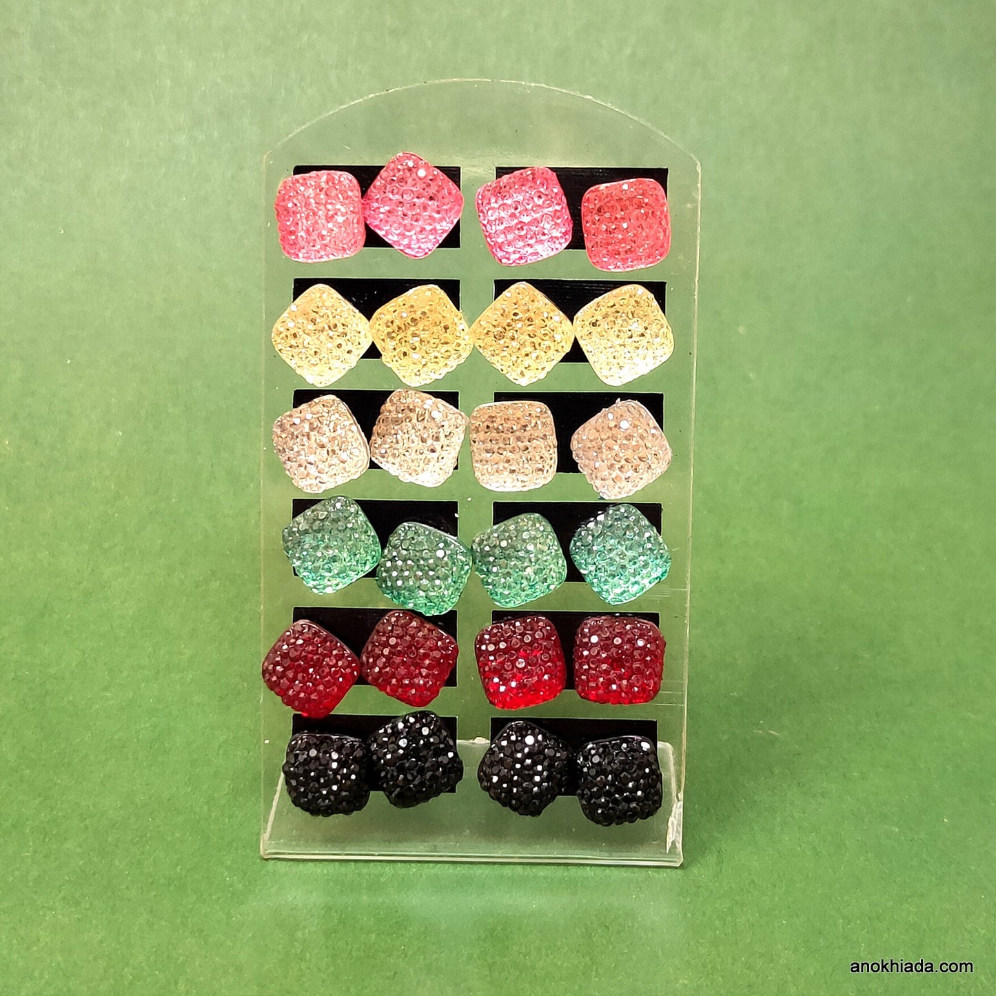 Anokhi Ada Square Crystal Stud Earrings for Girls and Women (Multi-Colour, Pack of 12 Pairs)-AQ-05