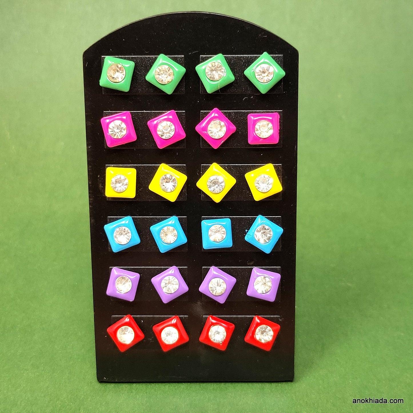 Anokhi Ada Square Rhinestone Stud Earrings for Girls and Women (Multi-Colour, Pack of 12 Pairs)-AQ-10