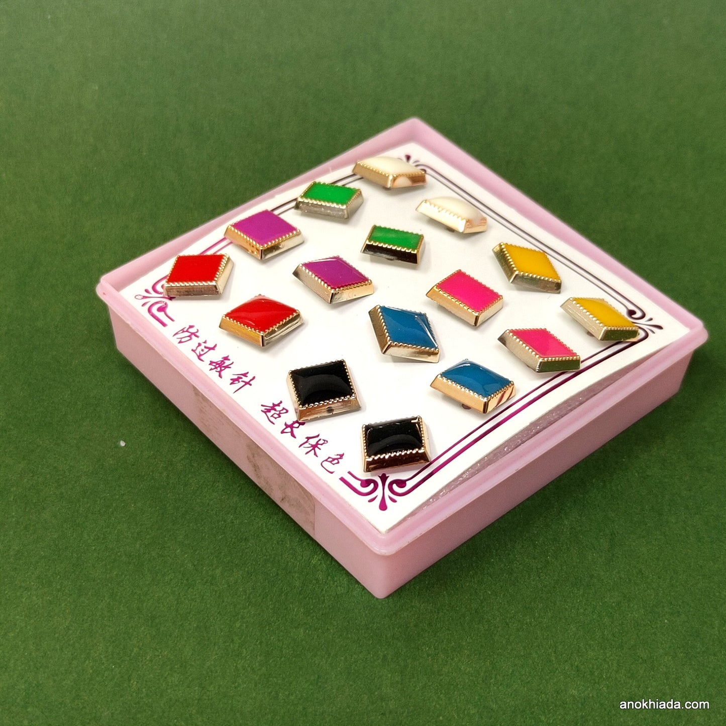 Anokhi Ada Square Plastic Stud Earrings for Girls and Women (Multi-Colour, Pack of 8 Pairs)-AR-10