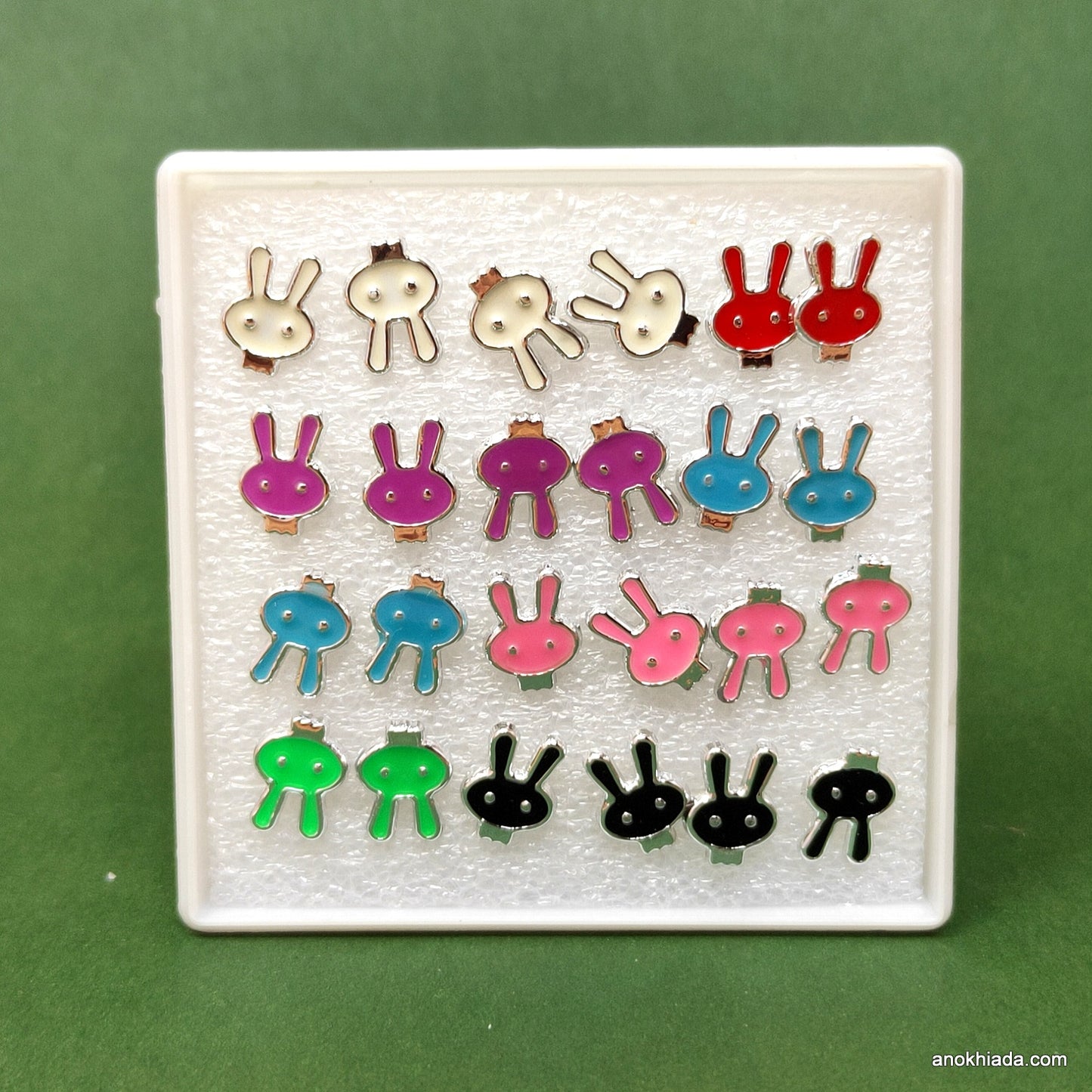 Anokhi Ada Bunny Plastic Stud Earrings for Girls and Women (Multi-Colour, Pack of 12 Pairs)-AR-11