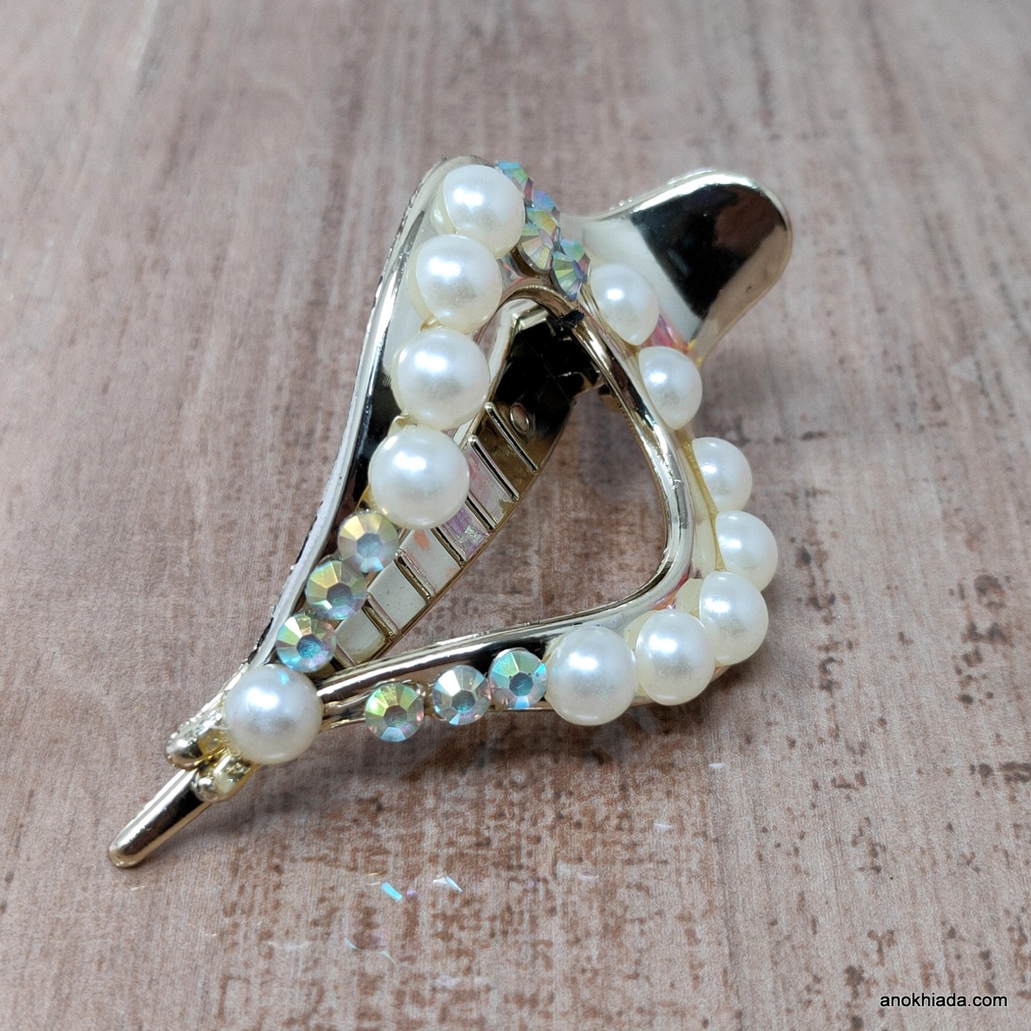 Golden Pointed Pearl Fancy Plastic Hair Clutcher / Hair Claw for Girls and Women (98-07 Clutcher)