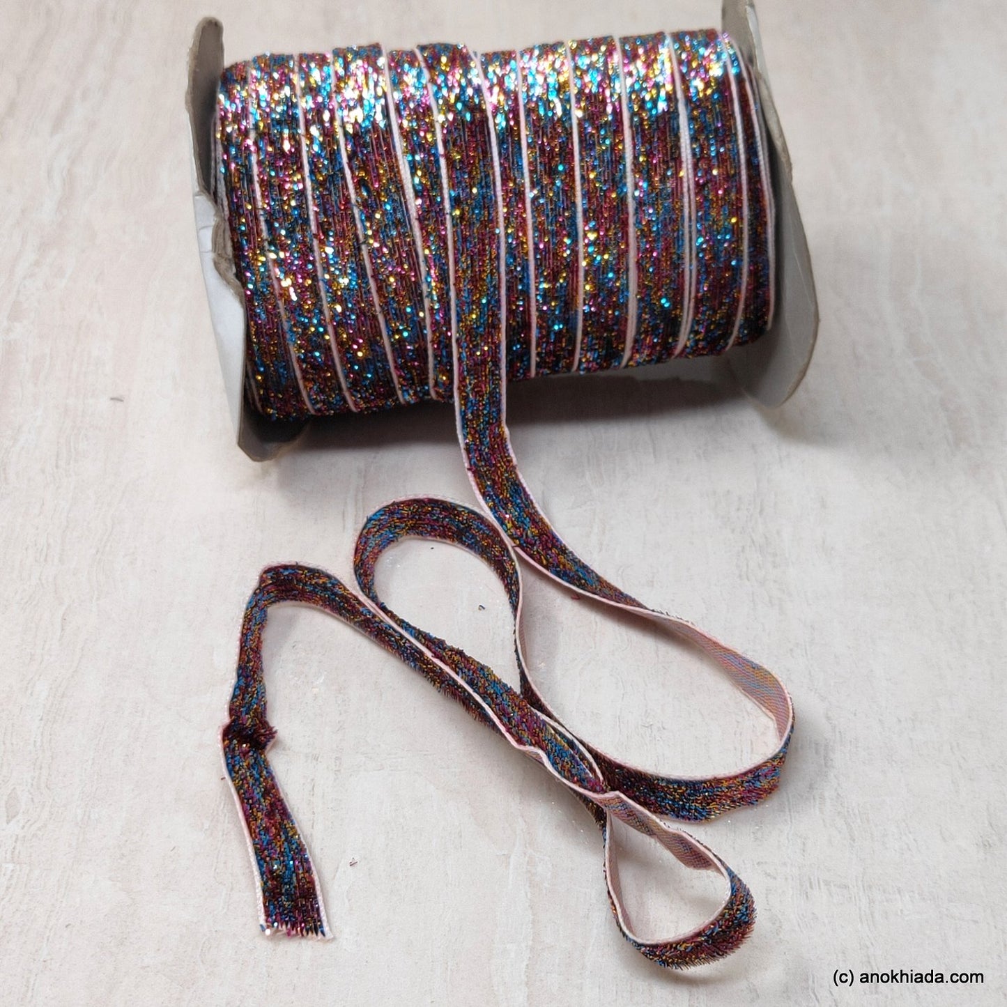Anokhi Ada 10mm (3/8 inch) Multi-Colour One Side Velvet Glittery Ribbon and Lace (5 Meter, 052)