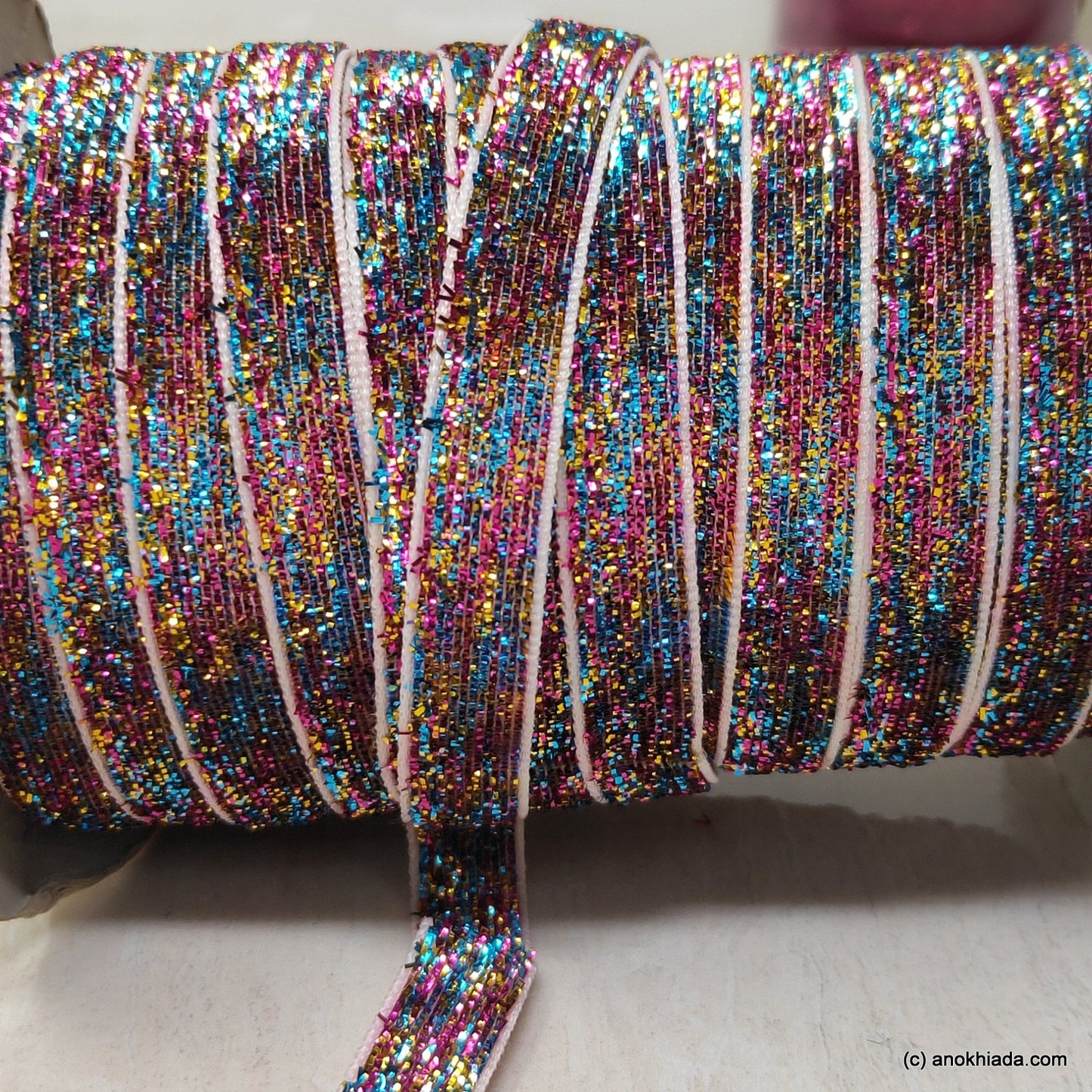 Anokhi Ada 10mm (3/8 inch) Multi-Colour One Side Velvet Glittery Ribbon and Lace (5 Meter, 052)
