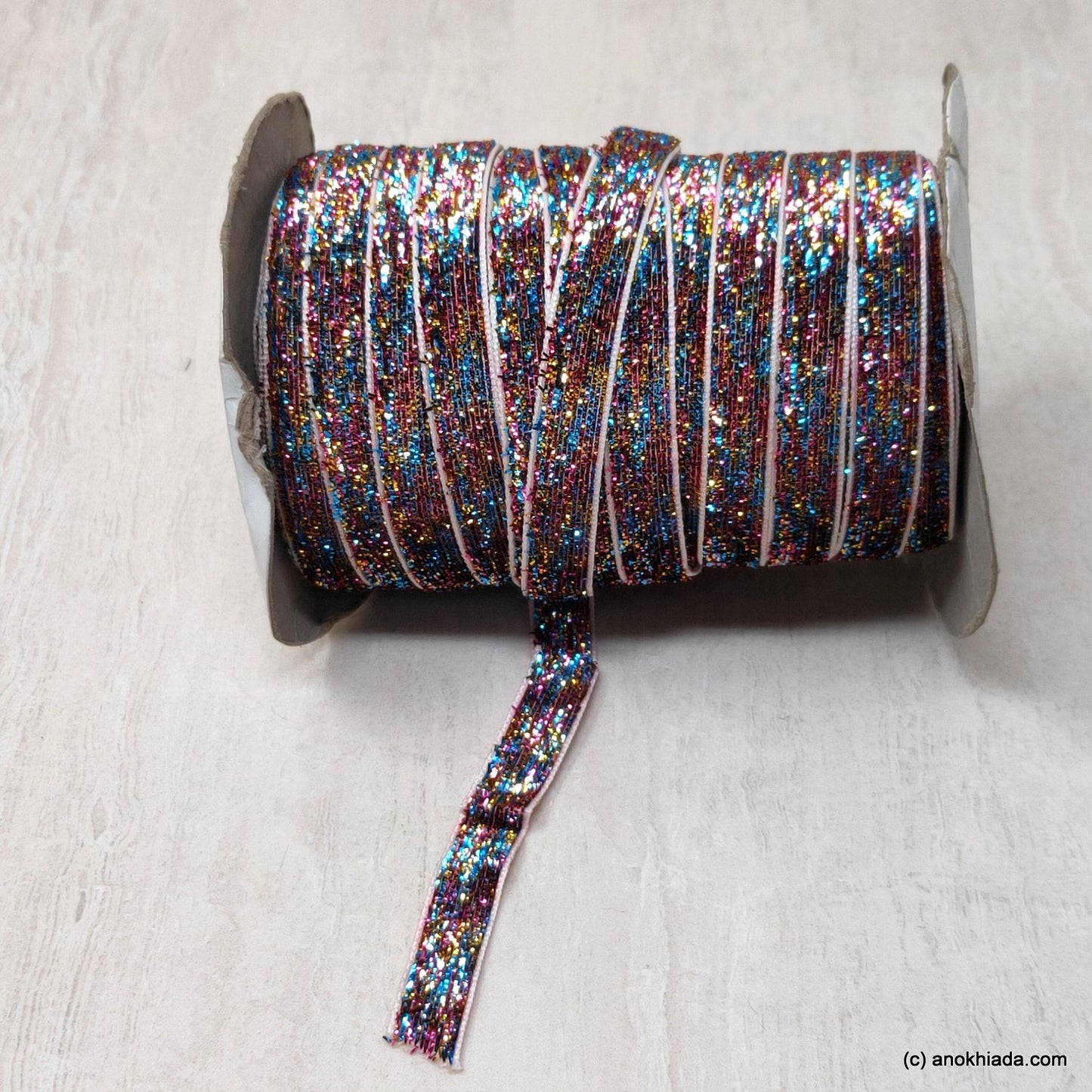 Anokhi Ada 10mm (3/8 inch) Multi-Colour One Side Velvet Glittery Ribbon and Lace (5 Meter, 052)