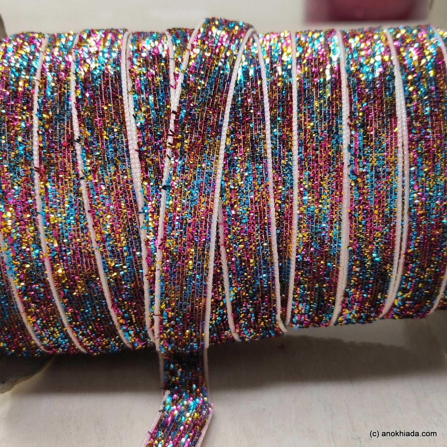 Anokhi Ada 10mm (3/8 inch) Multi-Colour One Side Velvet Glittery Ribbon and Lace (5 Meter, 052)