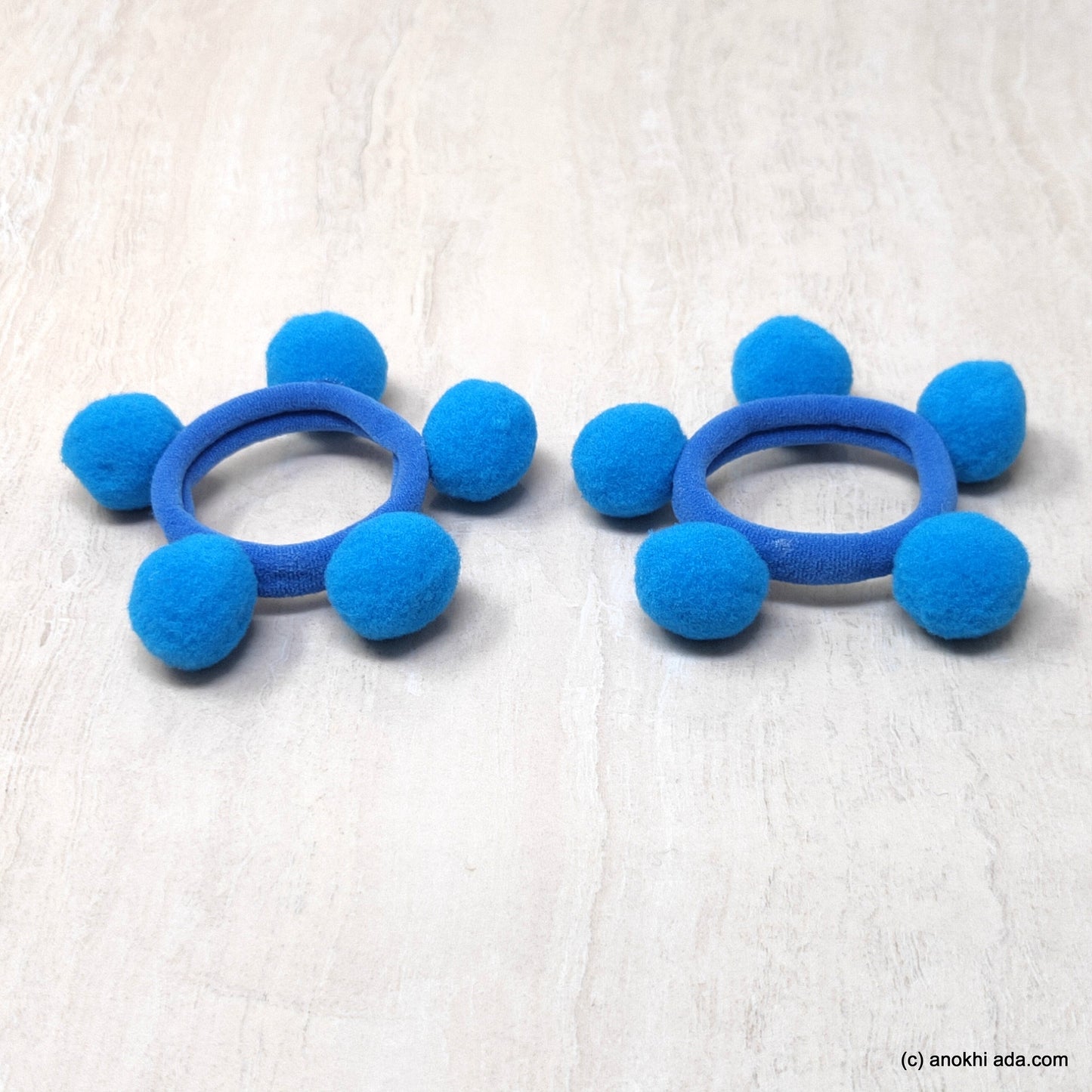 Anokhi Ada Pom Pom Balls Hair Ties/ Ponytail Holders for Kids and Girls (Set of 2 Ponytail Holders, Blue)-ZG-21