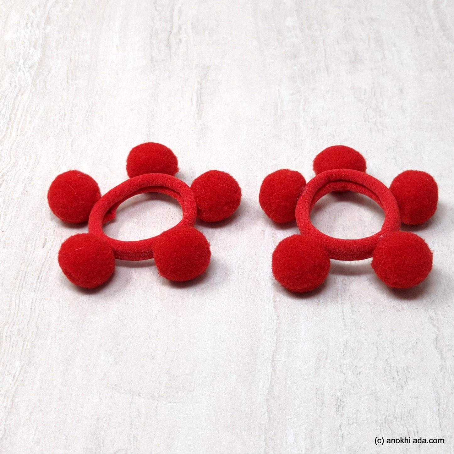 Anokhi Ada Pom Pom Balls Hair Ties/ Ponytail Holders for Kids and Girls (Set of 2 Ponytail Holders, Red)-ZG-23