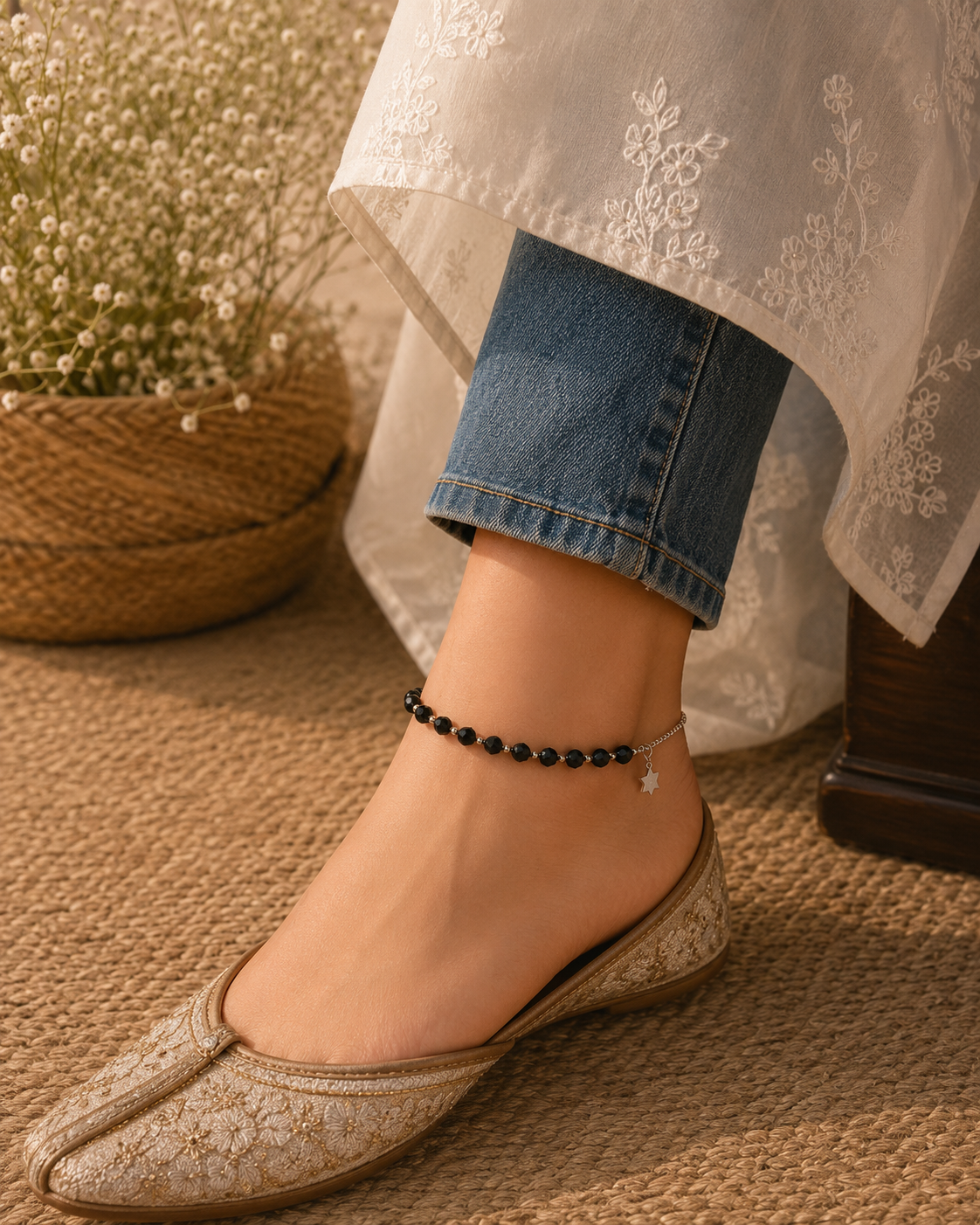 2 in 1 Adjustable Black Beaded Anklet Cum Bracelet for Girls & Women | Trendy Boho Foot & Hand Jewelry | Lightweight Daily Wear Accessory 006