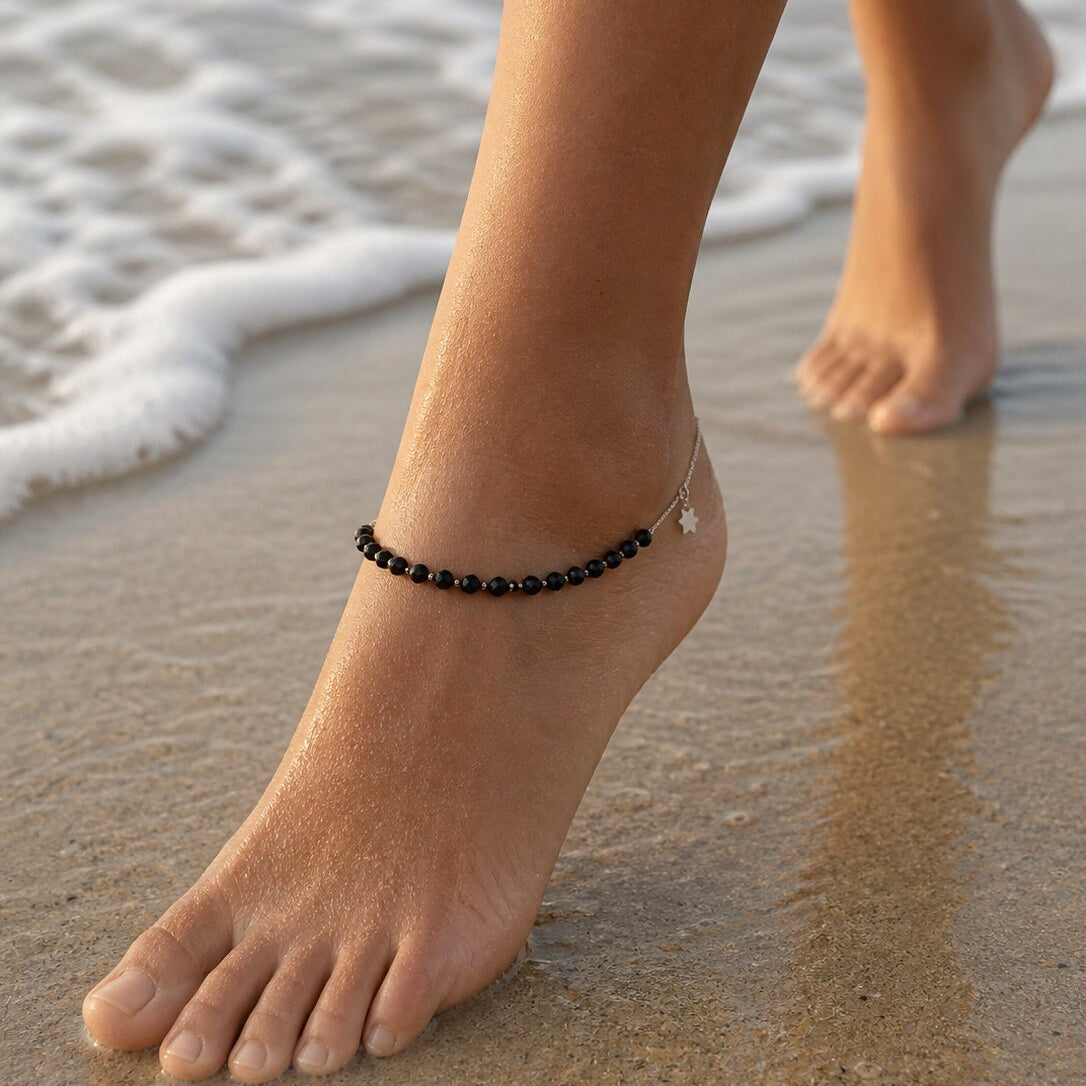 2 in 1 Adjustable Black Beaded Anklet Cum Bracelet for Girls & Women | Trendy Boho Foot & Hand Jewelry | Lightweight Daily Wear Accessory 006
