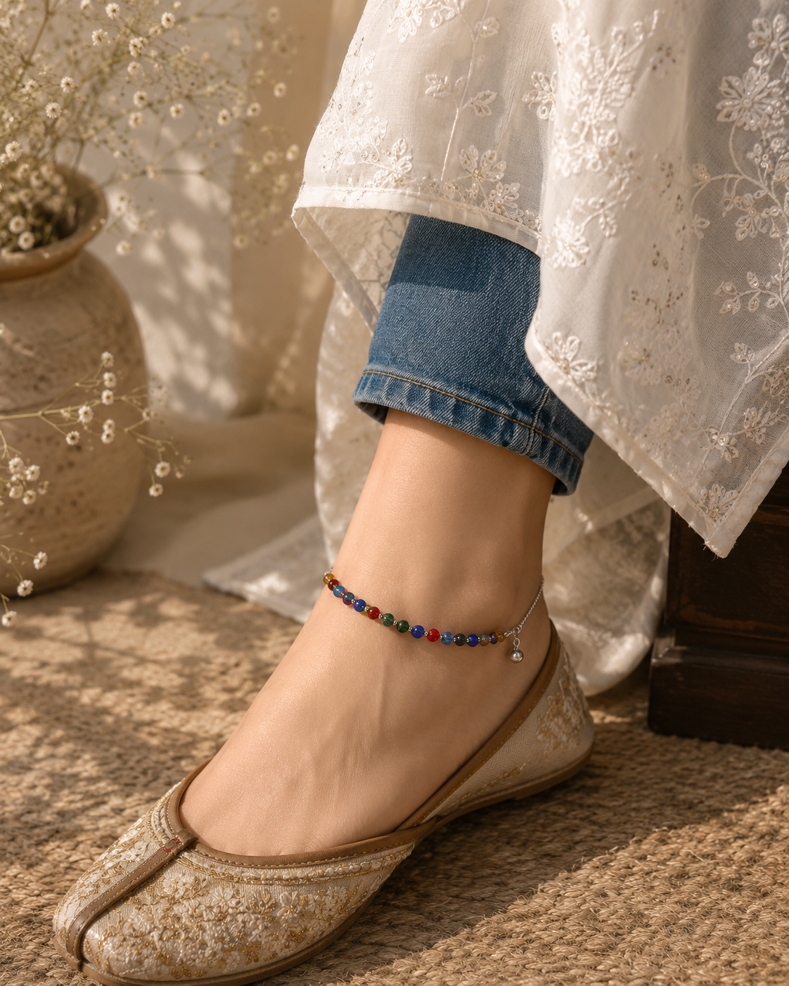 2 in 1 Adjustable Multi color Beaded Anklet Cum Bracelet for Girls & Women | Trendy Boho Foot & Hand Jewelry | Lightweight Daily Wear Accessory 008