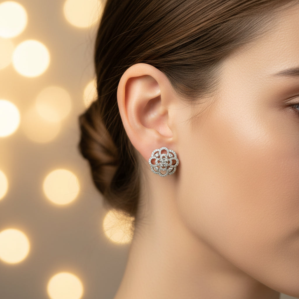 Anokhi Ada Silver Stone Studded AD Stud Earrings for Girls & Women | American Diamond Party Wear Earrings | Elegant Daily Wear Jewelry