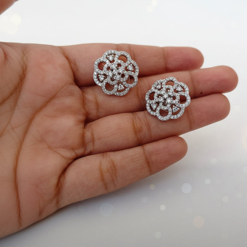 Anokhi Ada Silver Stone Studded AD Stud Earrings for Girls & Women | American Diamond Party Wear Earrings | Elegant Daily Wear Jewelry