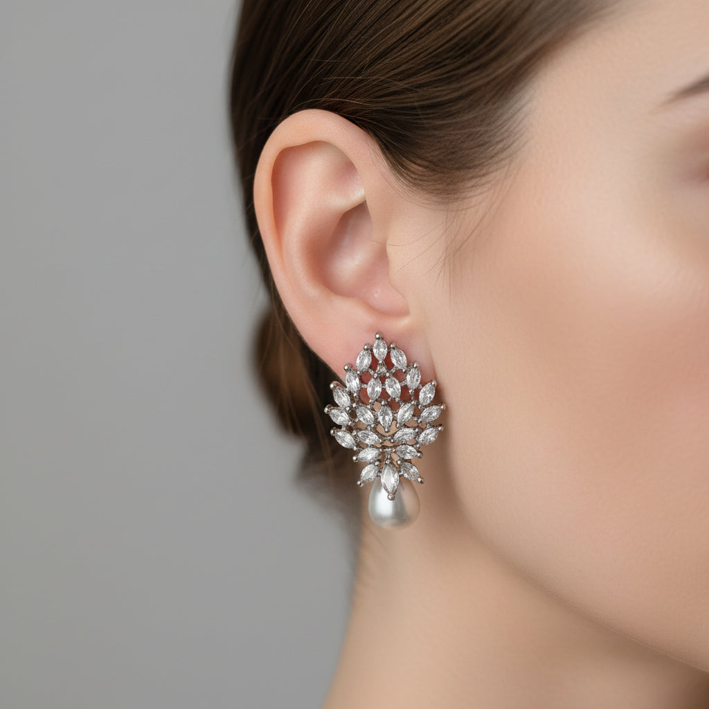 Anokhi Ada Silver Stone and Pearl Drop AD Stud Earrings for Girls & Women | American Diamond Party Wear Earrings | Elegant Daily Wear Jewelry