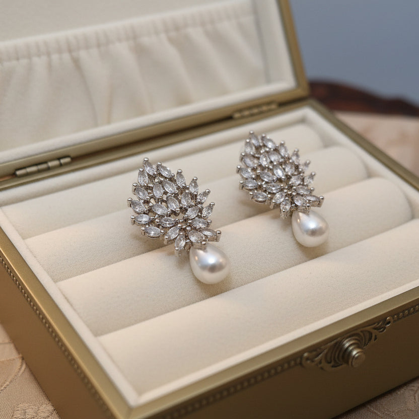 Anokhi Ada Silver Stone and Pearl Drop AD Stud Earrings for Girls & Women | American Diamond Party Wear Earrings | Elegant Daily Wear Jewelry