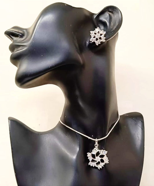 Silver Stone Studded Pendant with Earring-AV001