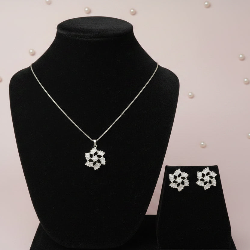Silver Stone Studded AD Jewelry Set (Pendant with Earrings)-AS001