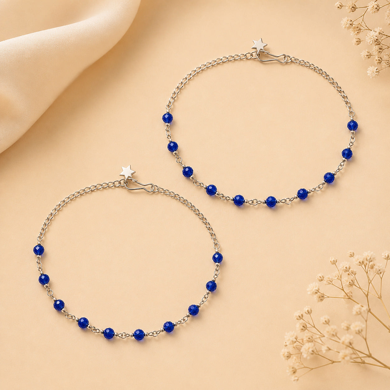 Elegant Silver Blue Beaded Anklet for Women | Minimal Adjustable Chain Payal for Daily & Party Wear-002