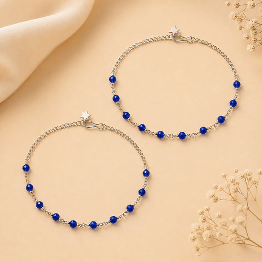 Elegant Silver Blue Beaded Anklet for Women | Minimal Adjustable Chain Payal for Daily & Party Wear-002