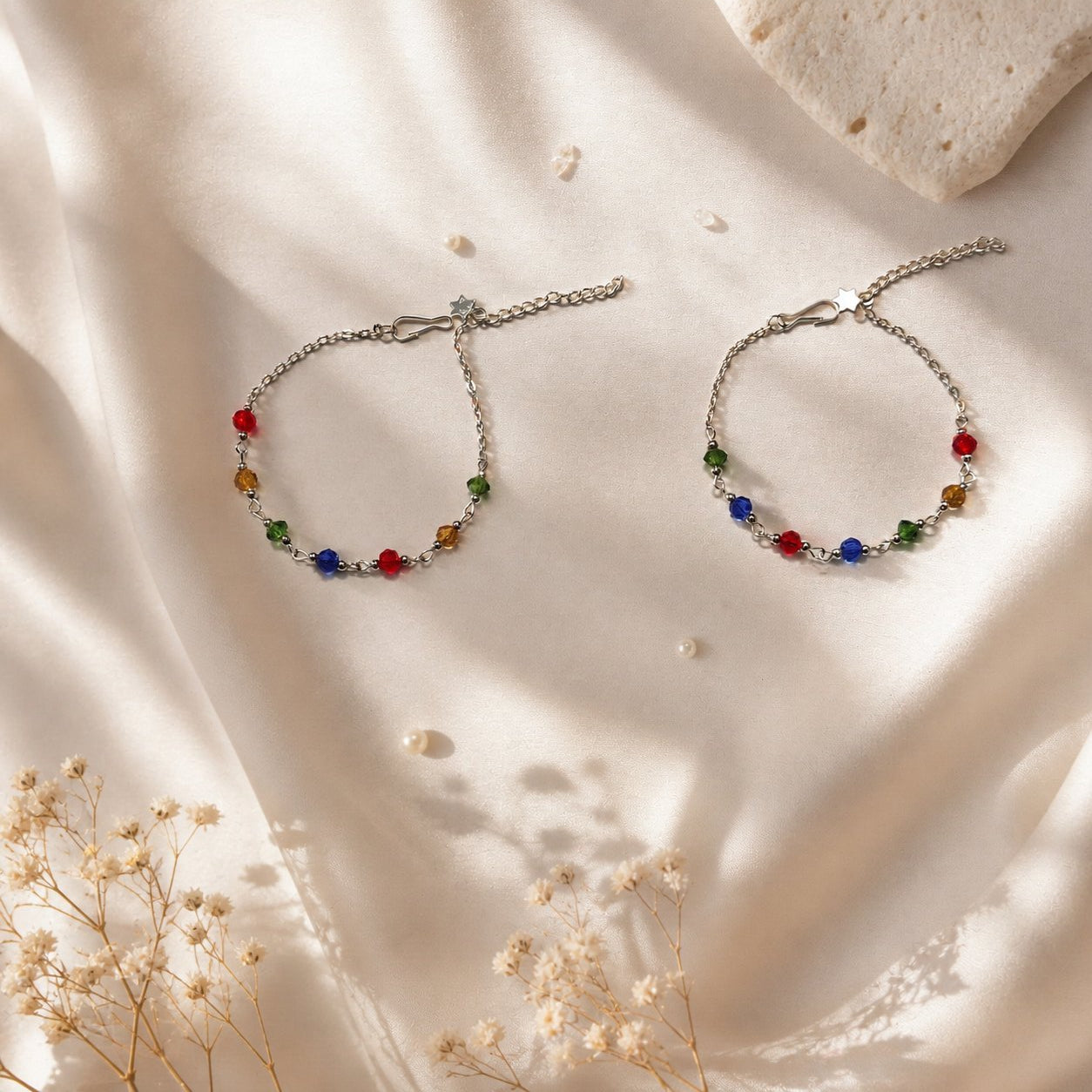 Elegant Silver Multi-Color Beaded Anklet for Women | Minimal Adjustable Chain Payal for Daily & Party Wear-005