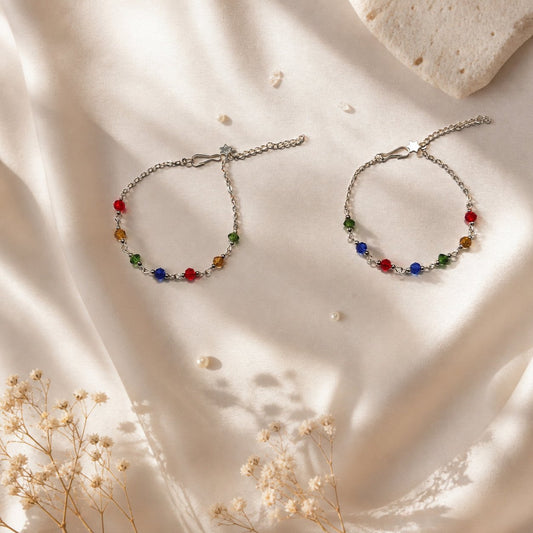Elegant Silver Multi-Color Beaded Anklet for Women | Minimal Adjustable Chain Payal for Daily & Party Wear-005