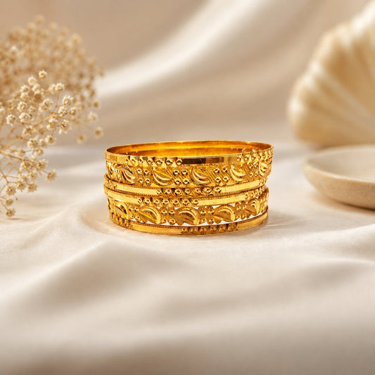 Golden Metal Bangles with Embedded Design  Set of 6 (4 Thin + 2 Thick) – Traditional Wear | Size 2.6 (002)