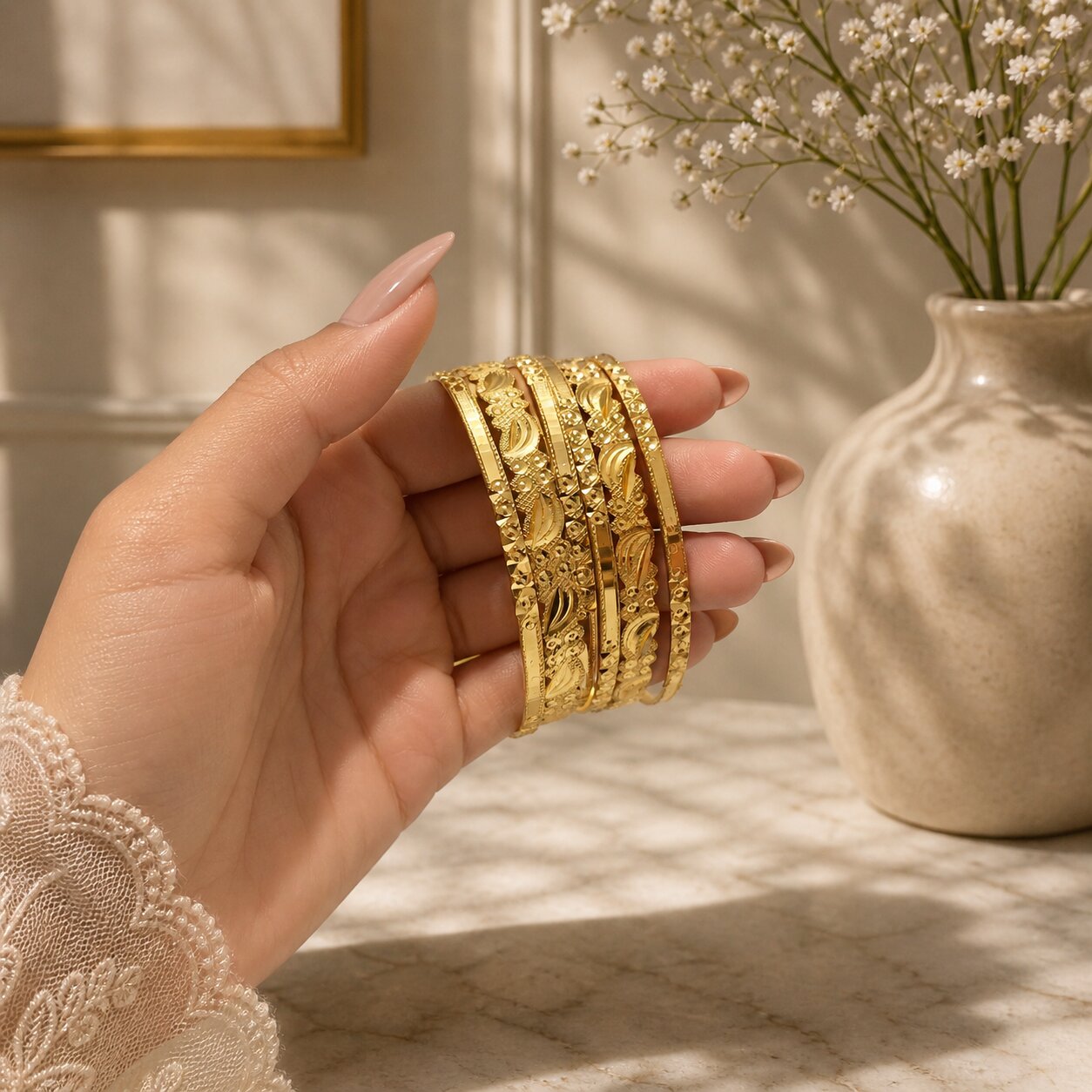 Golden Metal Bangles with Embedded Design  Set of 6 (4 Thin + 2 Thick) – Traditional Wear | Size 2.6 (002)