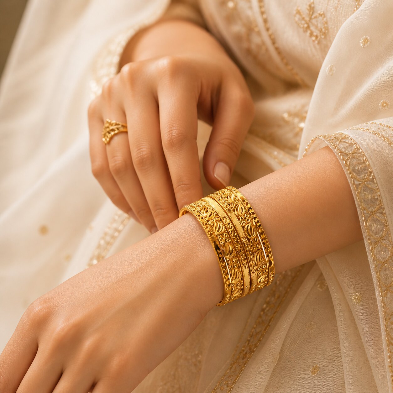 Golden Metal Bangles with Embedded Design  Set of 6 (4 Thin + 2 Thick) – Traditional Wear | Size 2.6 (002)
