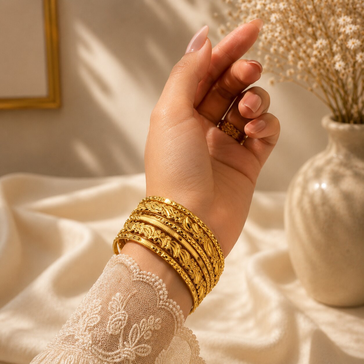 Golden Metal Bangles with Embedded Design  Set of 6 (4 Thin + 2 Thick) – Traditional Wear | Size 2.6 (002)