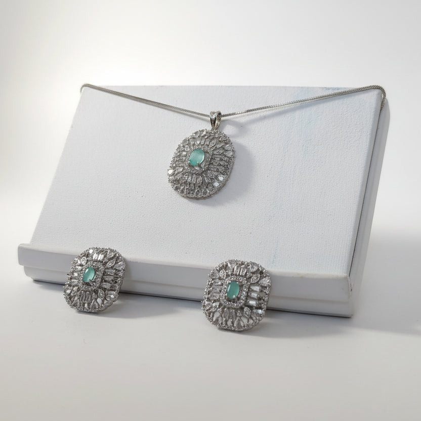 Mint Green Stone AD Jewelry Set (Pendant with Earrings) | American Diamond Party Wear Set (AS003)