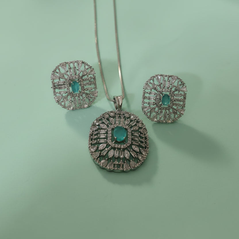 Mint Green Stone AD Jewelry Set (Pendant with Earrings) | American Diamond Party Wear Set (AS003)