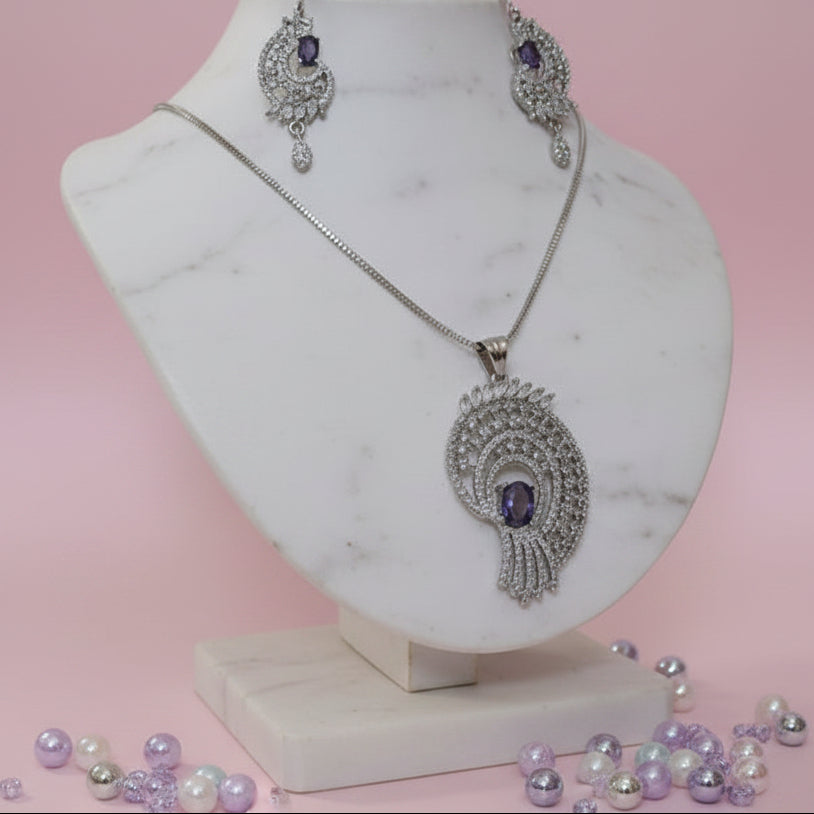 Lavender Stone AD Jewelry Set (Pendant with Earrings) | American Diamond Party Wear Set (AS002)