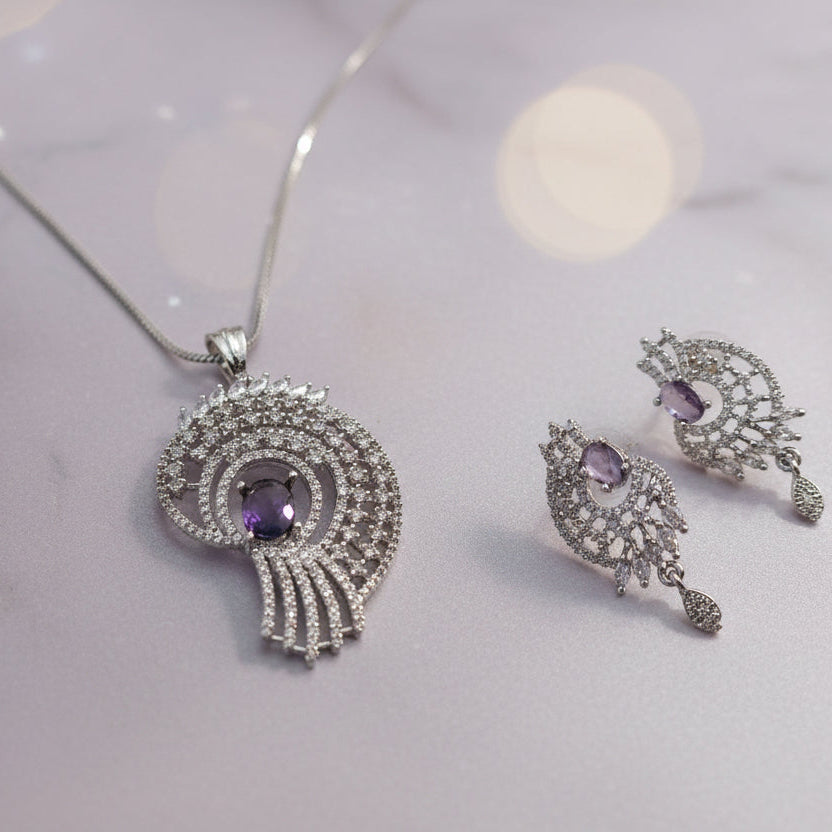 Lavender Stone AD Jewelry Set (Pendant with Earrings) | American Diamond Party Wear Set (AS002)