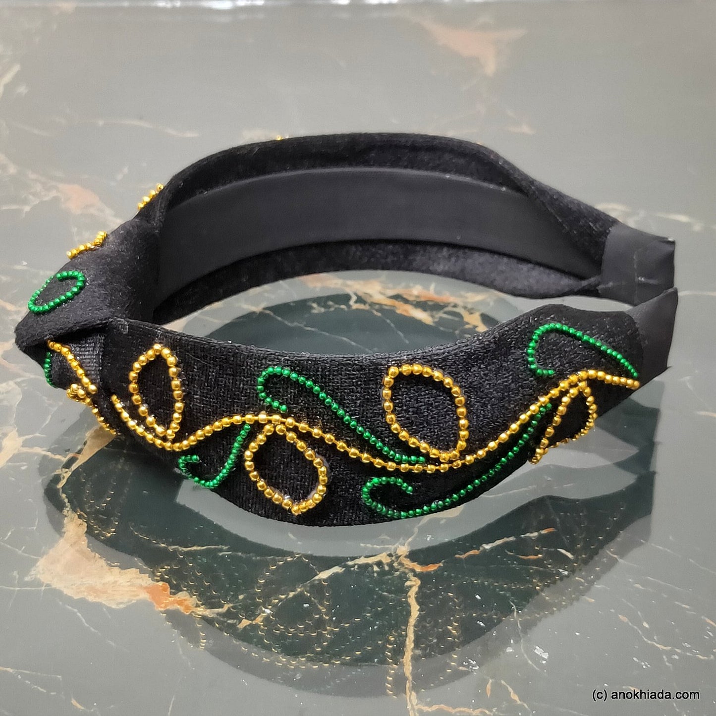 Anokhi Ada Handmade Leafy Design Black Velvet Knot Hairband/Headband for Girls and Women -14-24H