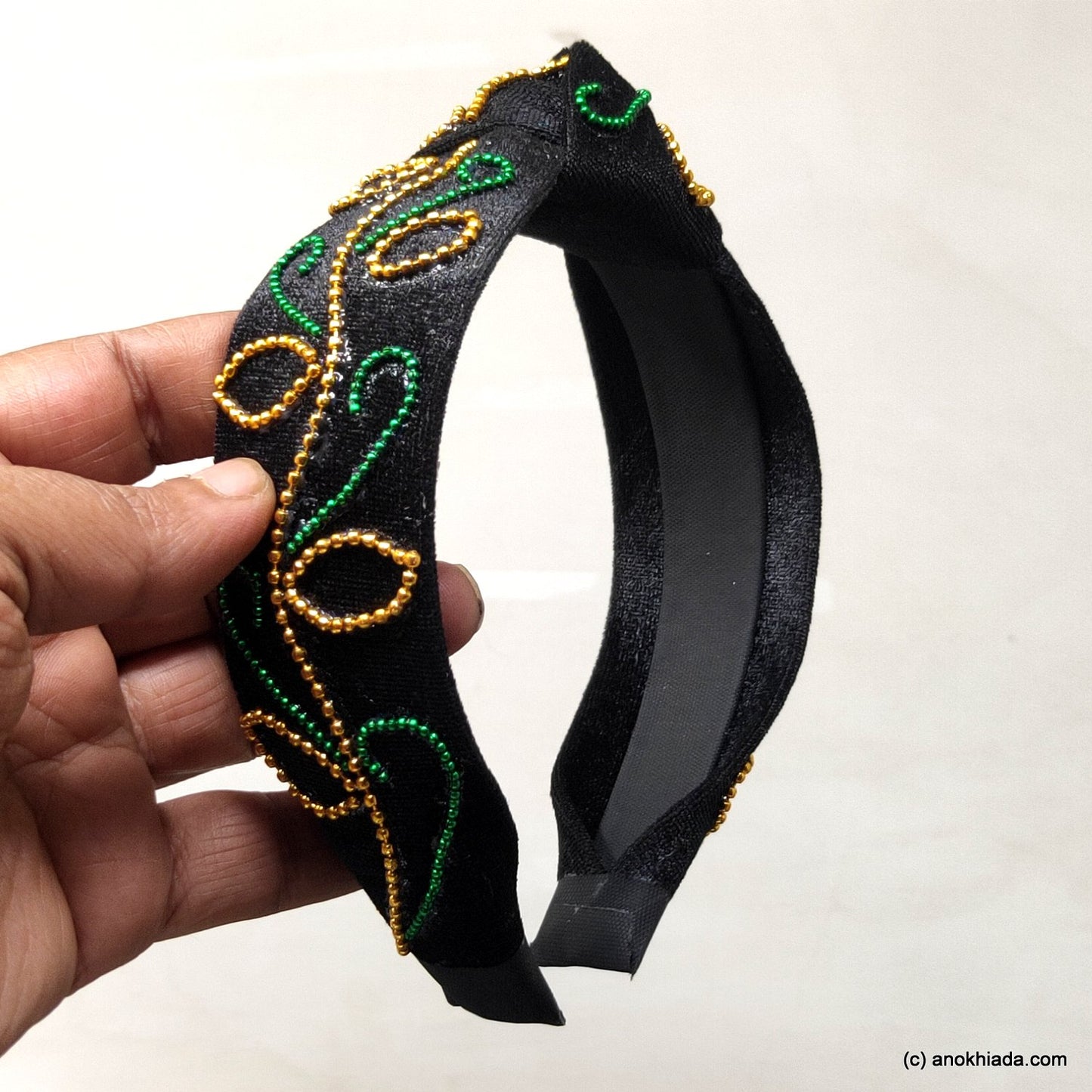 Anokhi Ada Handmade Leafy Design Black Velvet Knot Hairband/Headband for Girls and Women -14-24H