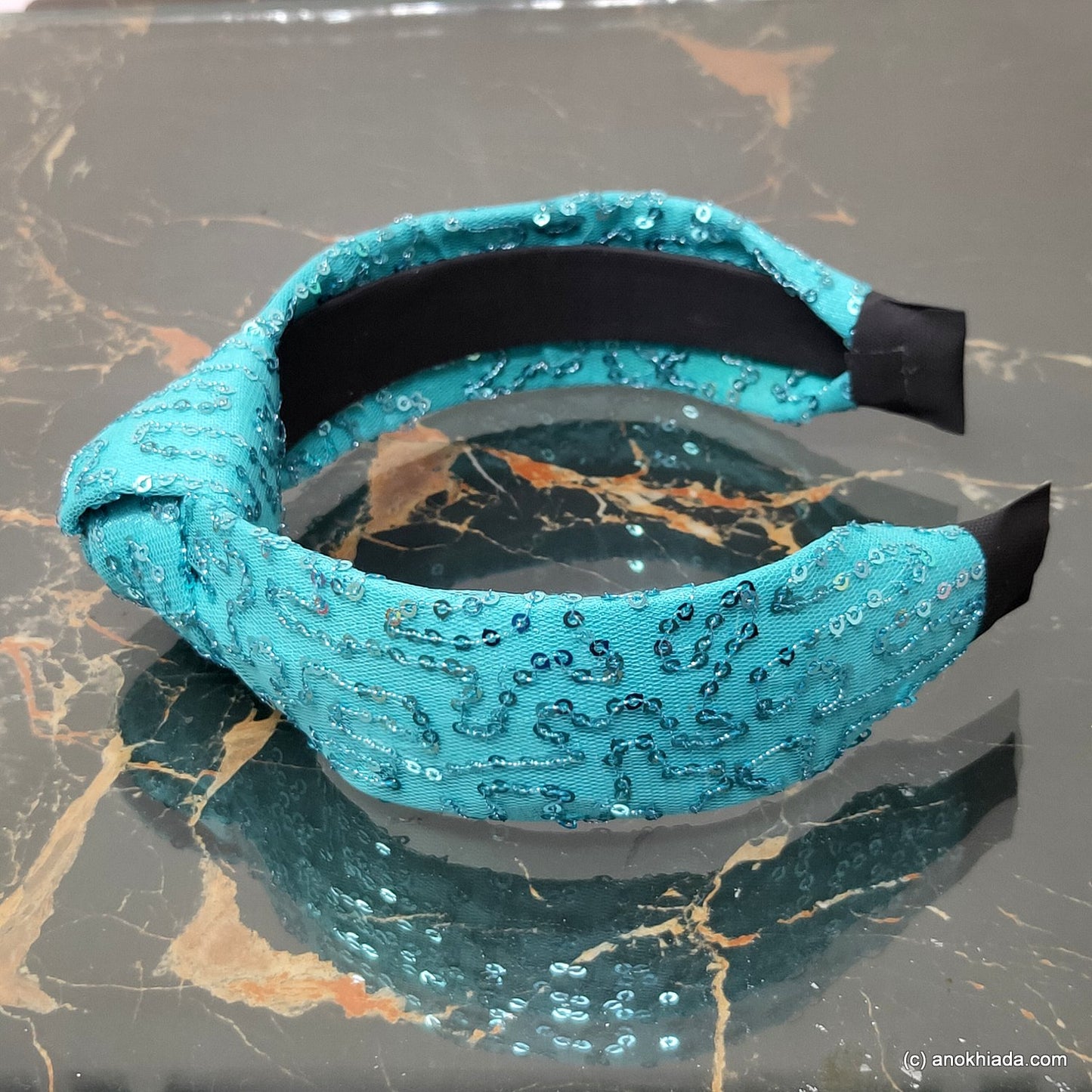 Anokhi Ada Handmade Blue Net Fabric Shiny and Glittery Knot Hairband/Headband for Girls and Women -14-26H