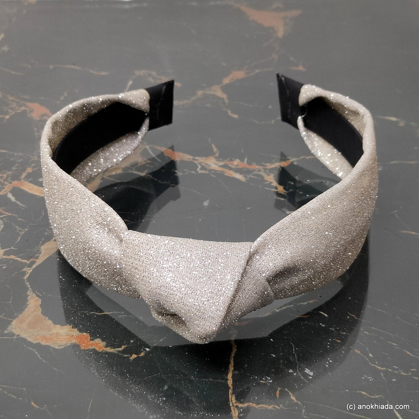 Anokhi Ada Handmade Silver Shiny and Glittery Fabric Knot Hairband/Headband for Girls and Women -14-28H