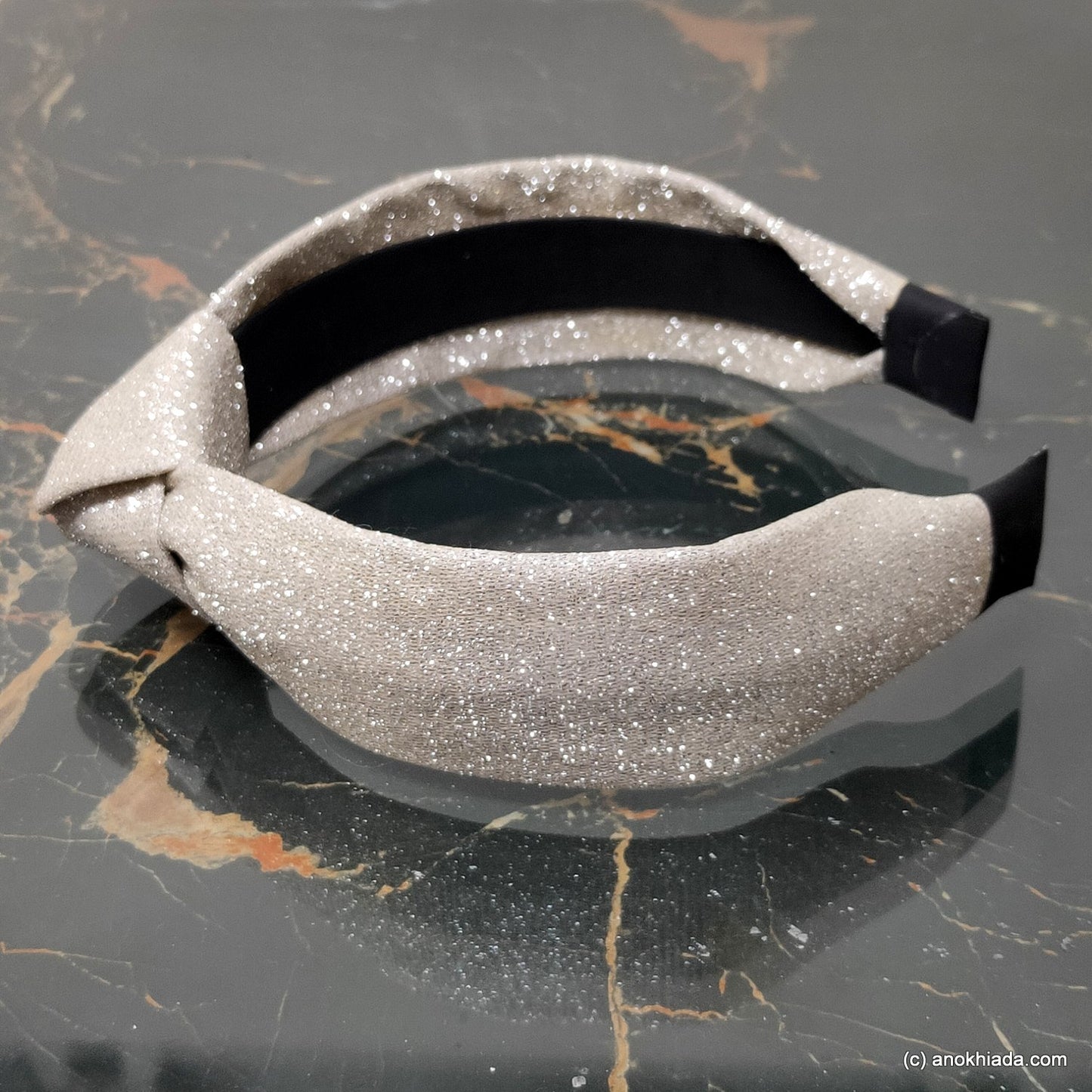 Anokhi Ada Handmade Silver Shiny and Glittery Fabric Knot Hairband/Headband for Girls and Women -14-28H