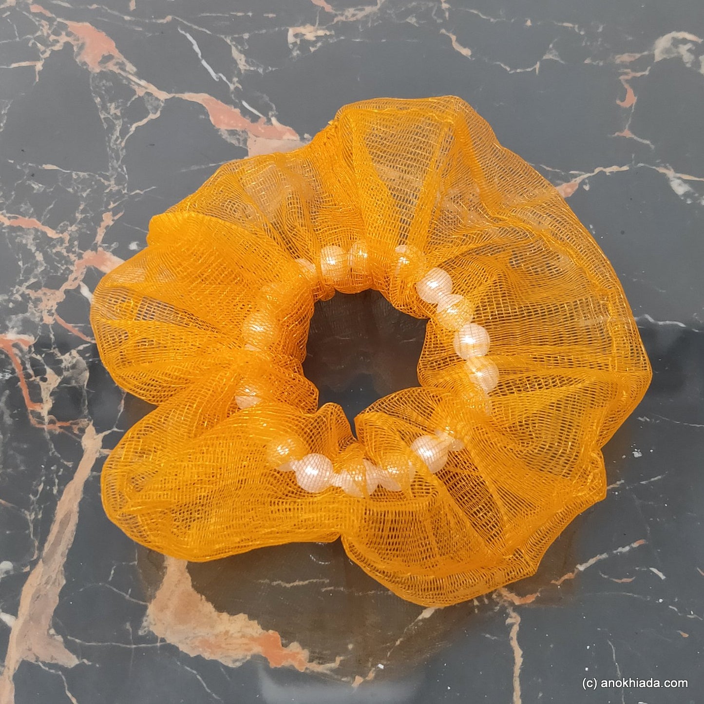 Anokhi Ada Handmade Yellow Net with Pearl Scrunchie for Girls and Women (15-160 Scrunchie)