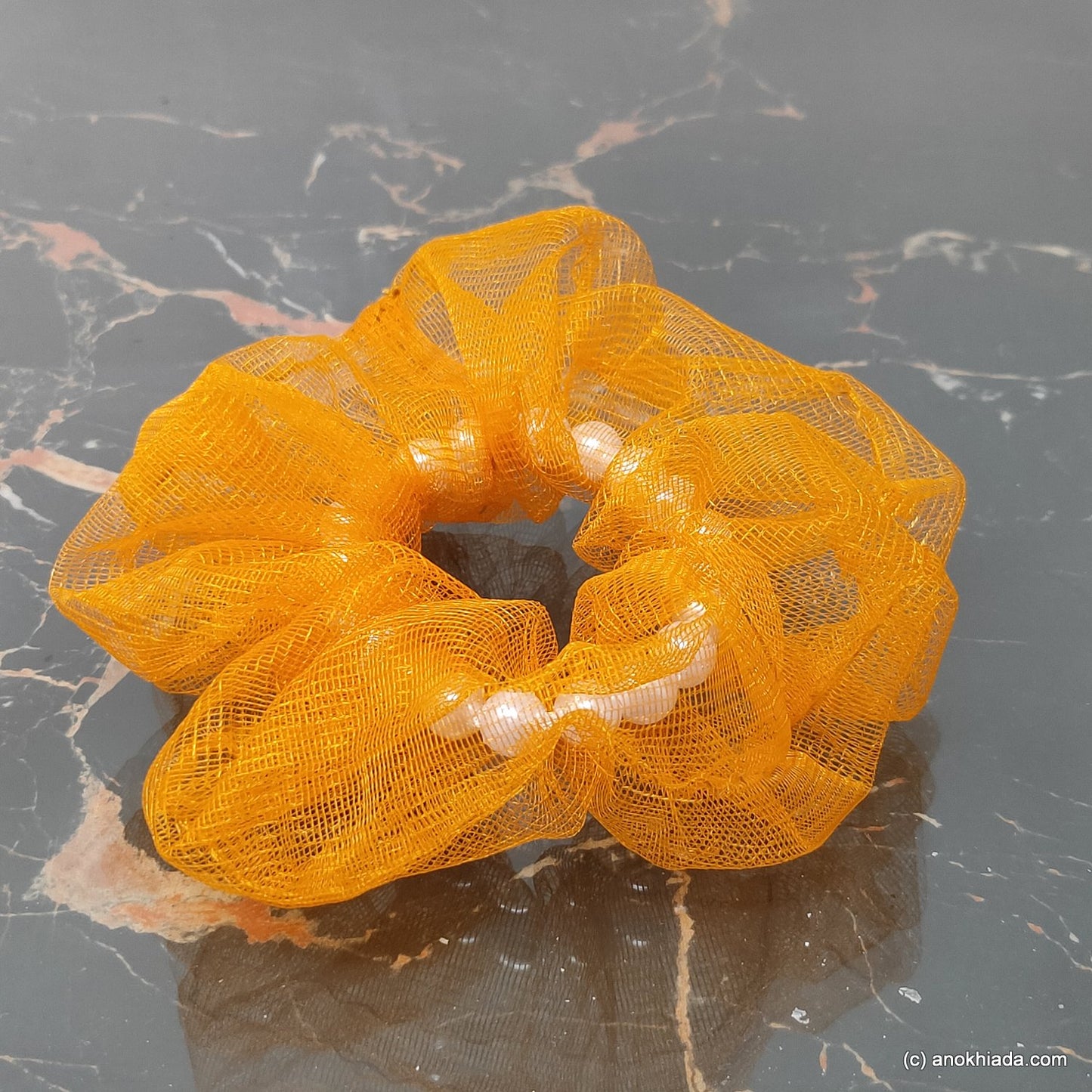 Anokhi Ada Handmade Yellow Net with Pearl Scrunchie for Girls and Women (15-160 Scrunchie)
