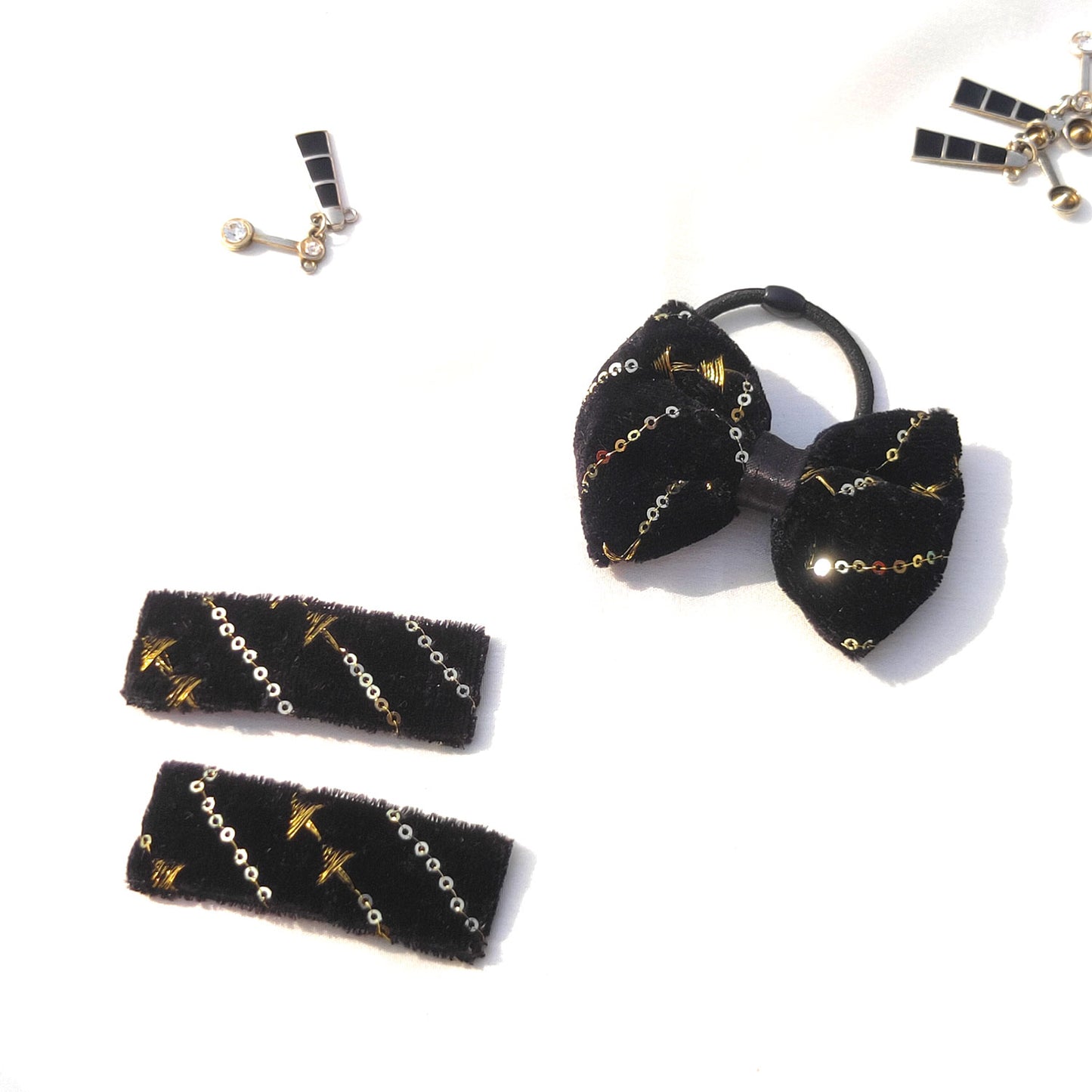 AnokhiAda Black Velvet Combo (Bow Hair Tie and Tic Tac Hair Clip, 35-12)