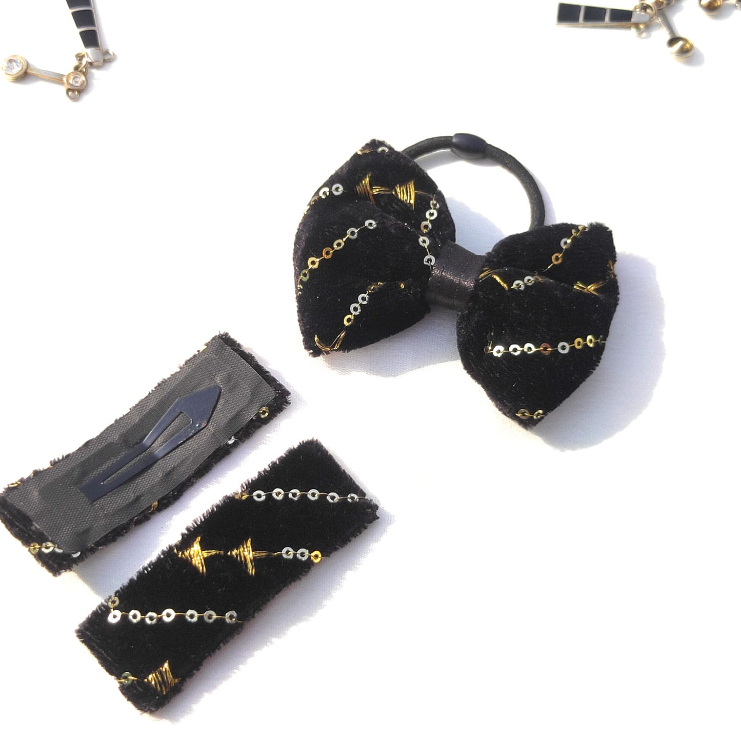 AnokhiAda Black Velvet Combo (Bow Hair Tie and Tic Tac Hair Clip, 35-12)