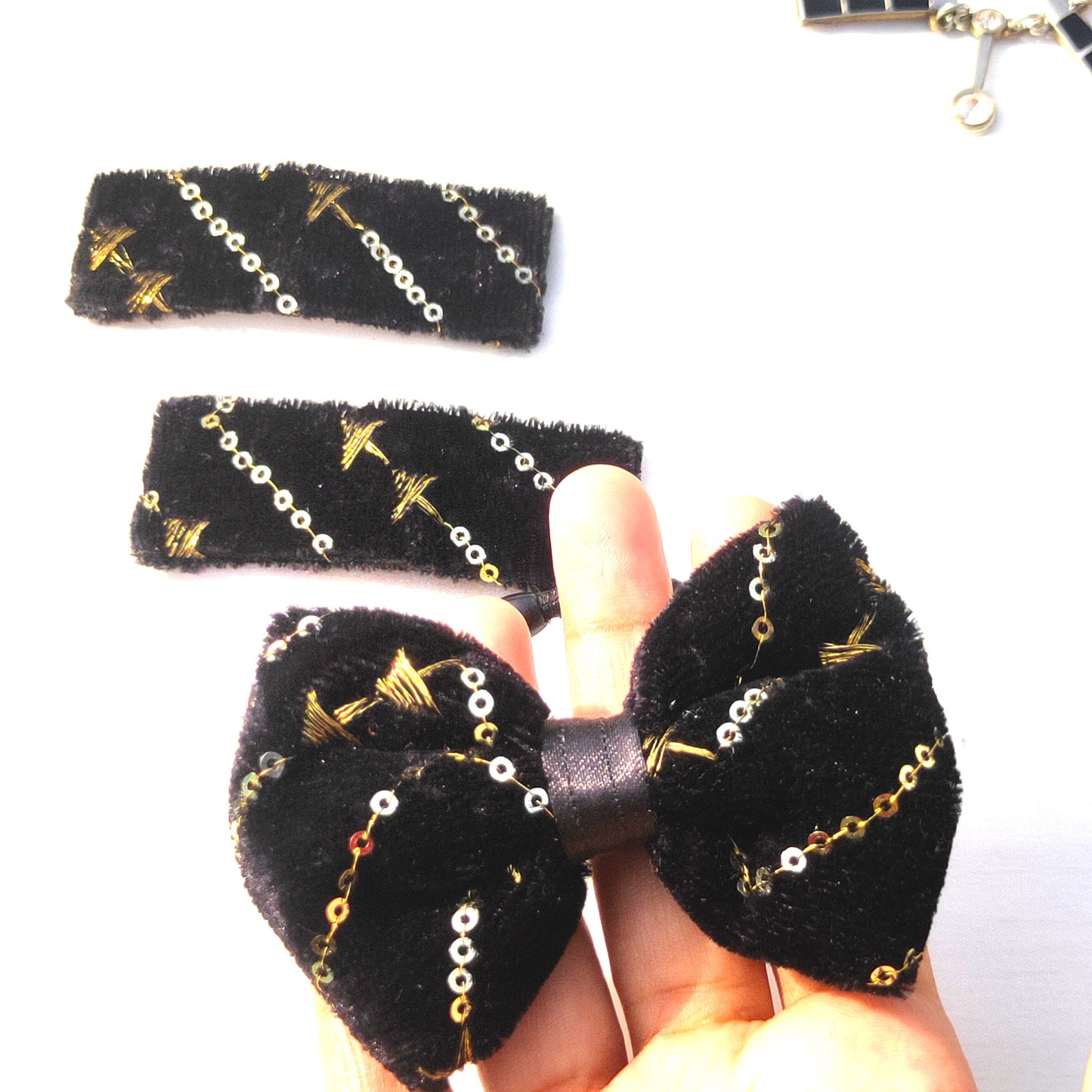 AnokhiAda Black Velvet Combo (Bow Hair Tie and Tic Tac Hair Clip, 35-12)