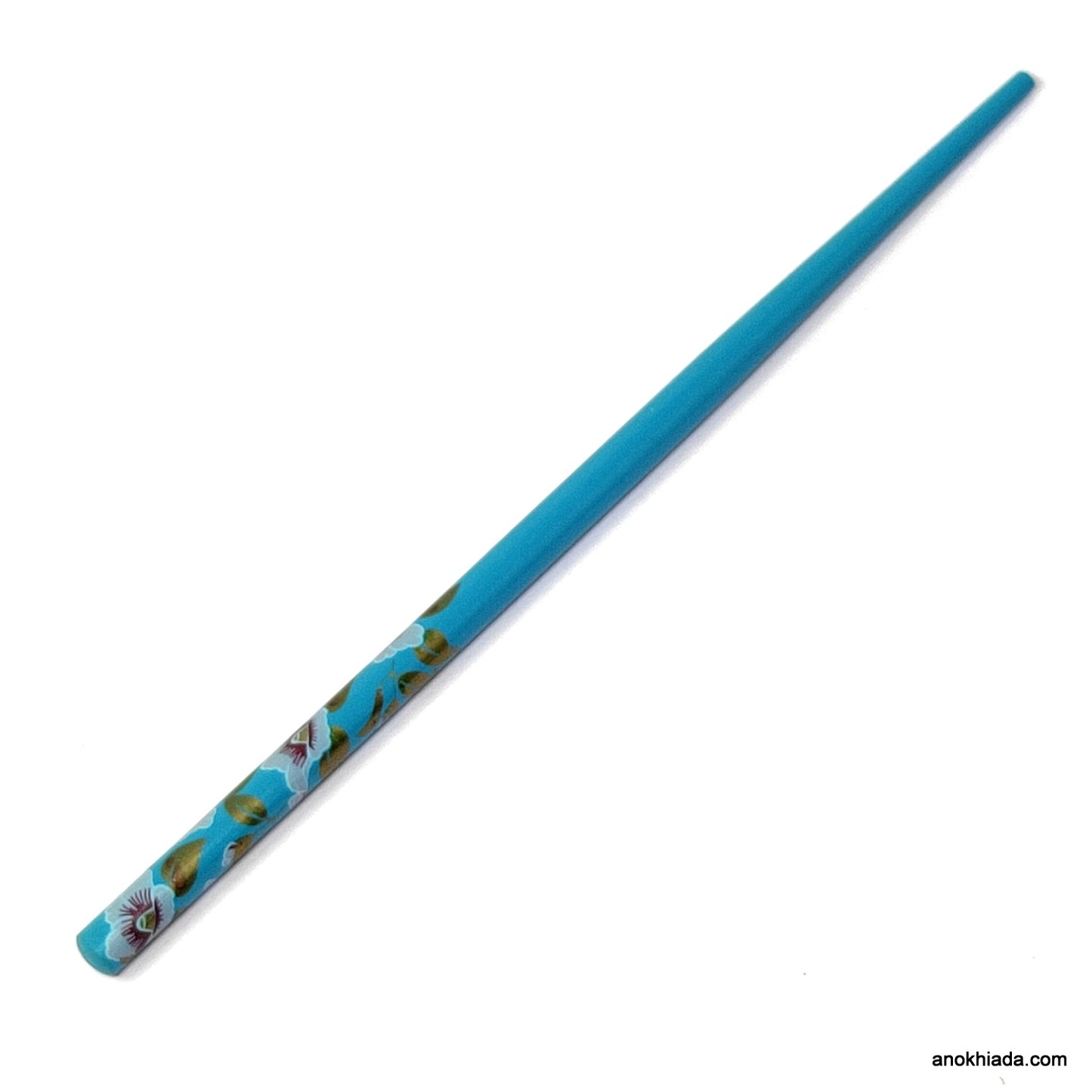 Anokhi Ada Flower Print Turquoise Wooden Juda Stick/Bun Stick - (99-18C Juda Stick)