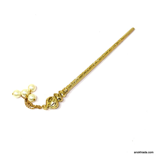 Anokhi Ada Golden Plastic Juda Stick/Bun Stick with Pearl Beads - (99-25A Juda Stick)