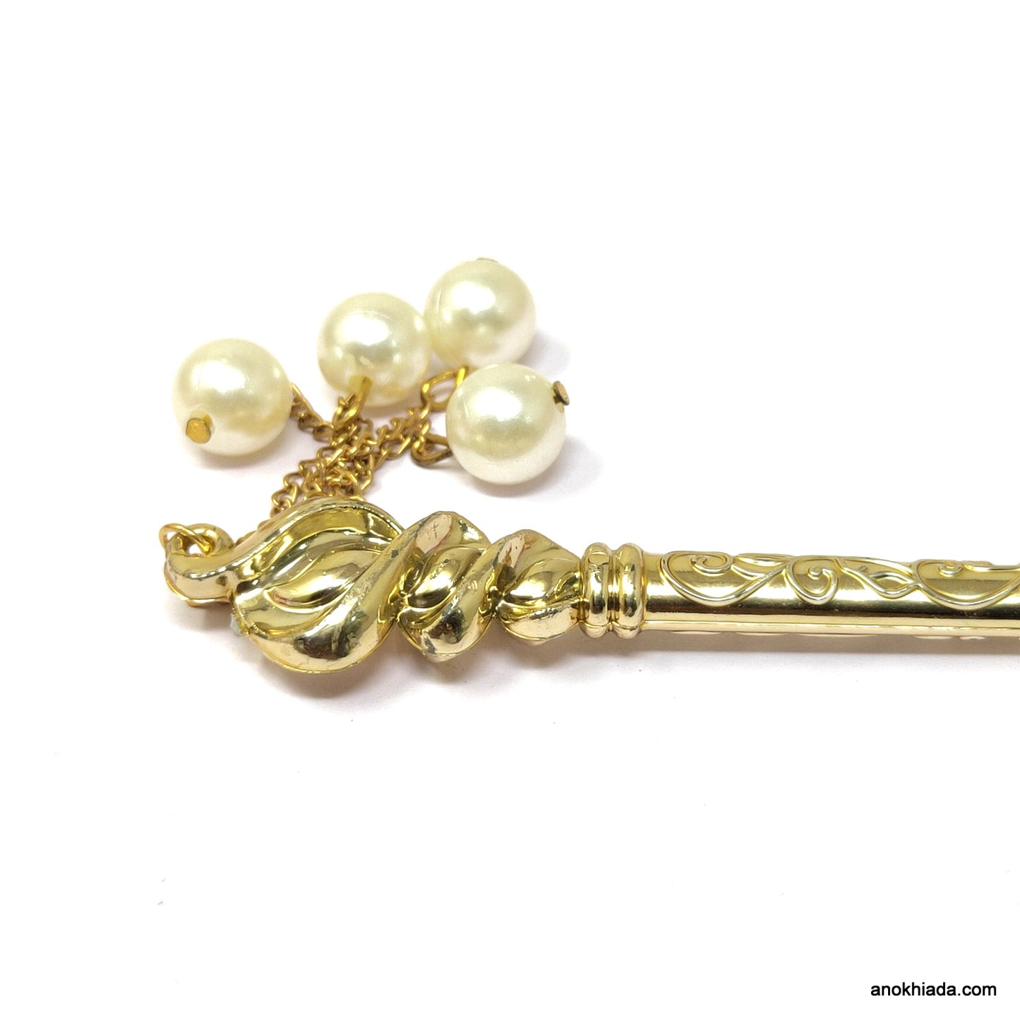 Anokhi Ada Golden Plastic Juda Stick/Bun Stick with Pearl Beads - (99-25A Juda Stick)
