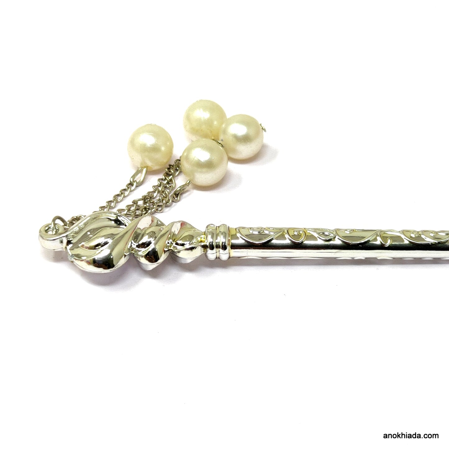 Anokhi Ada Silver Plastic Juda Stick/Bun Stick with Pearl Beads - (99-25B Juda Stick)